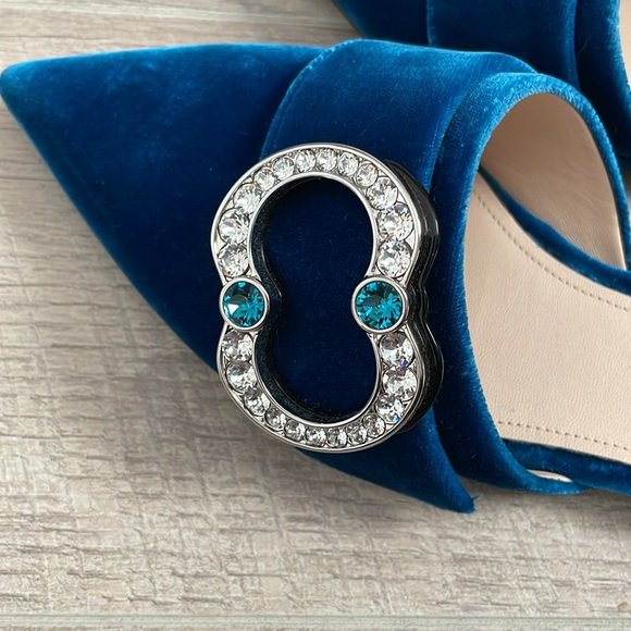 Prada Blue Velvet Pointed Toe Mules with Crystal Embellishments 37.5 - Picture 7 of 7